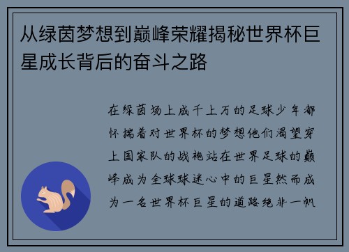从绿茵梦想到巅峰荣耀揭秘世界杯巨星成长背后的奋斗之路