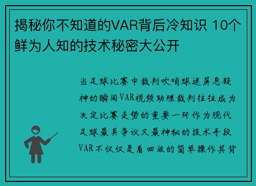 揭秘你不知道的VAR背后冷知识 10个鲜为人知的技术秘密大公开